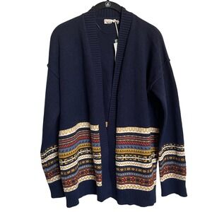 Hem & Thread Sweater Open Front Cardigan Fair Isle Nordic Navy Blue NWT Small